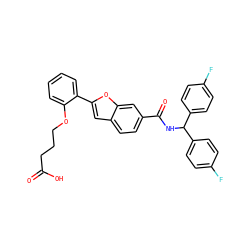 O=C(O)CCCOc1ccccc1-c1cc2ccc(C(=O)NC(c3ccc(F)cc3)c3ccc(F)cc3)cc2o1 ZINC000027635885