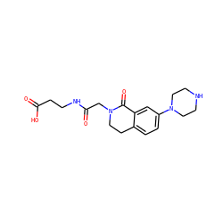 O=C(O)CCNC(=O)CN1CCc2ccc(N3CCNCC3)cc2C1=O ZINC000000838656