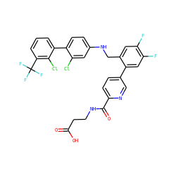 O=C(O)CCNC(=O)c1ccc(-c2cc(F)c(F)cc2CNc2ccc(-c3cccc(C(F)(F)F)c3Cl)c(Cl)c2)cn1 ZINC000169702708