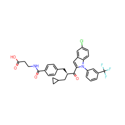 O=C(O)CCNC(=O)c1ccc(C[C@H](CC2CC2)C(=O)c2cc3cc(Cl)ccc3n2-c2cccc(C(F)(F)F)c2)cc1 ZINC000060328773