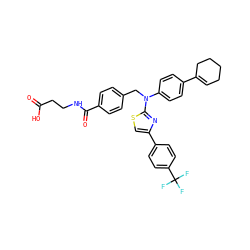 O=C(O)CCNC(=O)c1ccc(CN(c2ccc(C3=CCCCC3)cc2)c2nc(-c3ccc(C(F)(F)F)cc3)cs2)cc1 ZINC000044305678