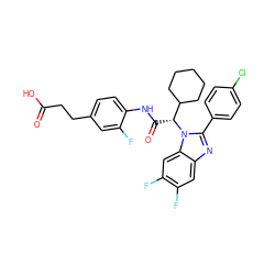 O=C(O)CCc1ccc(NC(=O)[C@H](C2CCCCC2)n2c(-c3ccc(Cl)cc3)nc3cc(F)c(F)cc32)c(F)c1 ZINC000043206470