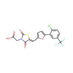 O=C(O)CN1C(=O)S/C(=C\c2ccc(-c3cc(C(F)(F)F)ccc3Cl)o2)C1=O ZINC000013678240