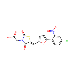 O=C(O)CN1C(=O)S/C(=C\c2ccc(-c3ccc(Cl)cc3[N+](=O)[O-])o2)C1=O ZINC000028567921