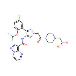 O=C(O)CN1CCN(C(=O)Cn2cc(NC(=O)c3cnn4cccnc34)c(-c3cc(Cl)ccc3OC(F)F)n2)CC1 ZINC001772588291