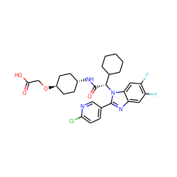 O=C(O)CO[C@H]1CC[C@H](NC(=O)[C@H](C2CCCCC2)n2c(-c3ccc(Cl)nc3)nc3cc(F)c(F)cc32)CC1 ZINC000261185762