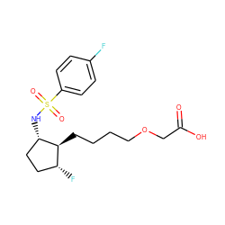O=C(O)COCCCC[C@@H]1[C@@H](NS(=O)(=O)c2ccc(F)cc2)CC[C@H]1F ZINC000028230088