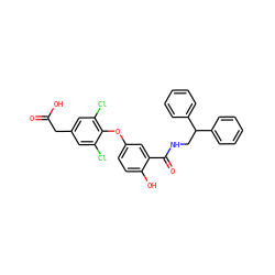 O=C(O)Cc1cc(Cl)c(Oc2ccc(O)c(C(=O)NCC(c3ccccc3)c3ccccc3)c2)c(Cl)c1 ZINC000095559539