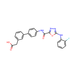 O=C(O)Cc1cccc(-c2ccc(NC(=O)c3nnc(Nc4ccccc4F)o3)cc2)c1 ZINC000084728927