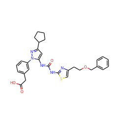 O=C(O)Cc1cccc(-n2nc(C3CCCC3)cc2NC(=O)Nc2nc(CCOCc3ccccc3)cs2)c1 ZINC000082158120