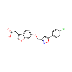 O=C(O)Cc1coc2cc(OCc3cc(-c4ccc(Cl)cc4)on3)ccc12 ZINC000028822700