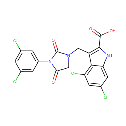 O=C(O)c1[nH]c2cc(Cl)cc(Cl)c2c1CN1CC(=O)N(c2cc(Cl)cc(Cl)c2)C1=O ZINC000013492837