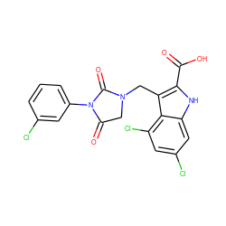 O=C(O)c1[nH]c2cc(Cl)cc(Cl)c2c1CN1CC(=O)N(c2cccc(Cl)c2)C1=O ZINC000013492836