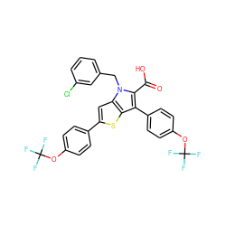 O=C(O)c1c(-c2ccc(OC(F)(F)F)cc2)c2sc(-c3ccc(OC(F)(F)F)cc3)cc2n1Cc1cccc(Cl)c1 ZINC000042834895