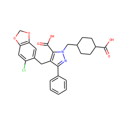 O=C(O)c1c(Cc2cc3c(cc2Cl)OCO3)c(-c2ccccc2)nn1CC1CCC(C(=O)O)CC1 ZINC000026576459
