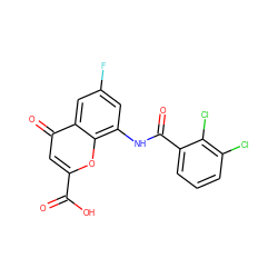 O=C(O)c1cc(=O)c2cc(F)cc(NC(=O)c3cccc(Cl)c3Cl)c2o1 ZINC000096271896