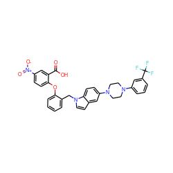 O=C(O)c1cc([N+](=O)[O-])ccc1Oc1ccccc1Cn1ccc2cc(N3CCN(c4cccc(C(F)(F)F)c4)CC3)ccc21 ZINC000072122961