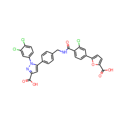 O=C(O)c1cc(-c2ccc(CNC(=O)c3ccc(-c4ccc(C(=O)O)o4)cc3Cl)cc2)n(-c2ccc(Cl)c(Cl)c2)n1 ZINC000103283941