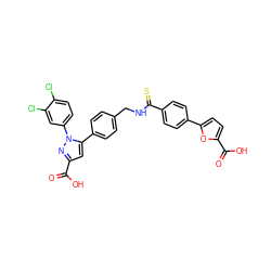 O=C(O)c1cc(-c2ccc(CNC(=S)c3ccc(-c4ccc(C(=O)O)o4)cc3)cc2)n(-c2ccc(Cl)c(Cl)c2)n1 ZINC000219058818