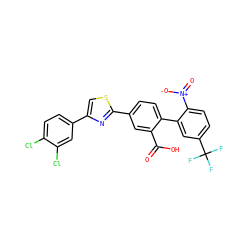 O=C(O)c1cc(-c2nc(-c3ccc(Cl)c(Cl)c3)cs2)ccc1-c1cc(C(F)(F)F)ccc1[N+](=O)[O-] ZINC000205061877