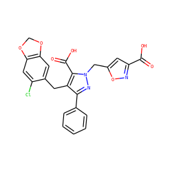 O=C(O)c1cc(Cn2nc(-c3ccccc3)c(Cc3cc4c(cc3Cl)OCO4)c2C(=O)O)on1 ZINC000026575241
