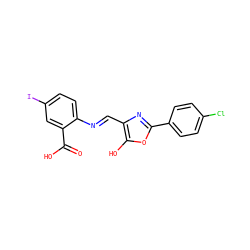 O=C(O)c1cc(I)ccc1/N=C/c1nc(-c2ccc(Cl)cc2)oc1O ZINC000013588214