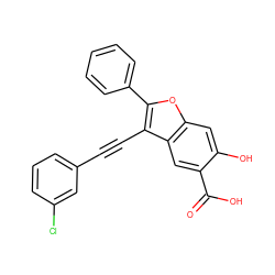 O=C(O)c1cc2c(C#Cc3cccc(Cl)c3)c(-c3ccccc3)oc2cc1O ZINC000095595230