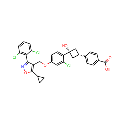 O=C(O)c1ccc([C@H]2C[C@](O)(c3ccc(OCc4c(-c5c(Cl)cccc5Cl)noc4C4CC4)cc3Cl)C2)cc1 ZINC000653864062