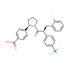 O=C(O)c1ccc([C@H]2CCCN2C(=O)[C@@H](Nc2ccccc2F)c2ccc(C(F)(F)F)cc2)cc1 ZINC000095603645