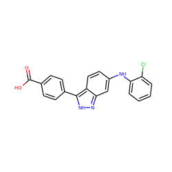 O=C(O)c1ccc(-c2[nH]nc3cc(Nc4ccccc4Cl)ccc23)cc1 ZINC000028528371