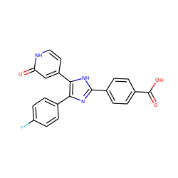 O=C(O)c1ccc(-c2nc(-c3ccc(F)cc3)c(-c3cc[nH]c(=O)c3)[nH]2)cc1 ZINC000299825521