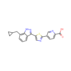 O=C(O)c1ccc(-c2ncc(-c3n[nH]c4c(CC5CC5)cccc34)s2)cn1 ZINC000653787439