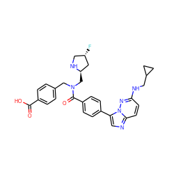 O=C(O)c1ccc(CN(C[C@@H]2C[C@@H](F)CN2)C(=O)c2ccc(-c3cnc4ccc(NCC5CC5)nn34)cc2)cc1 ZINC000066076876