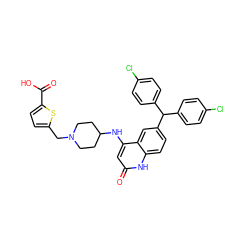 O=C(O)c1ccc(CN2CCC(Nc3cc(=O)[nH]c4ccc(C(c5ccc(Cl)cc5)c5ccc(Cl)cc5)cc34)CC2)s1 ZINC001772654326