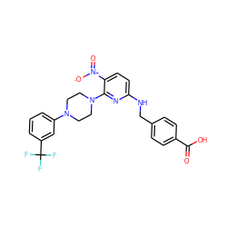 O=C(O)c1ccc(CNc2ccc([N+](=O)[O-])c(N3CCN(c4cccc(C(F)(F)F)c4)CC3)n2)cc1 ZINC000013589483