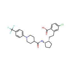 O=C(O)c1ccc(Cl)cc1CC[C@@H]1CCC[C@@H]1NC(=O)C1CCN(c2ccc(C(F)(F)F)cc2)CC1 ZINC001772629103