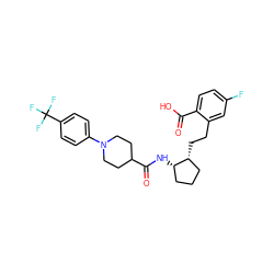 O=C(O)c1ccc(F)cc1CC[C@@H]1CCC[C@@H]1NC(=O)C1CCN(c2ccc(C(F)(F)F)cc2)CC1 ZINC001772605032