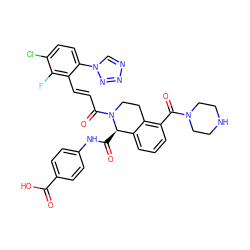 O=C(O)c1ccc(NC(=O)[C@@H]2c3cccc(C(=O)N4CCNCC4)c3CCN2C(=O)/C=C/c2c(-n3cnnn3)ccc(Cl)c2F)cc1 ZINC000473220747