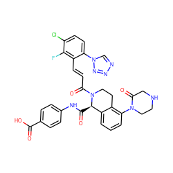 O=C(O)c1ccc(NC(=O)[C@@H]2c3cccc(N4CCNCC4=O)c3CCN2C(=O)/C=C/c2c(-n3cnnn3)ccc(Cl)c2F)cc1 ZINC001772626646