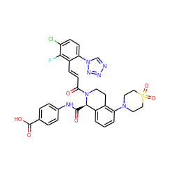 O=C(O)c1ccc(NC(=O)[C@@H]2c3cccc(N4CCS(=O)(=O)CC4)c3CCN2C(=O)/C=C/c2c(-n3cnnn3)ccc(Cl)c2F)cc1 ZINC001772624067