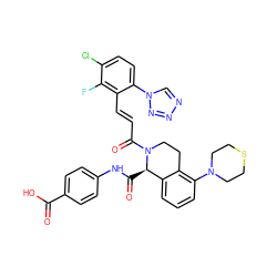 O=C(O)c1ccc(NC(=O)[C@@H]2c3cccc(N4CCSCC4)c3CCN2C(=O)/C=C/c2c(-n3cnnn3)ccc(Cl)c2F)cc1 ZINC001772604069