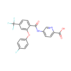 O=C(O)c1ccc(NC(=O)c2ccc(C(F)(F)F)cc2Oc2ccc(F)cc2)cn1 ZINC000143241245