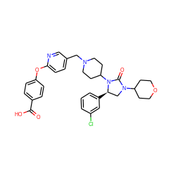 O=C(O)c1ccc(Oc2ccc(CN3CCC(N4C(=O)N(C5CCOCC5)C[C@H]4c4cccc(Cl)c4)CC3)cn2)cc1 ZINC000096285400