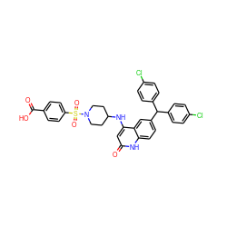 O=C(O)c1ccc(S(=O)(=O)N2CCC(Nc3cc(=O)[nH]c4ccc(C(c5ccc(Cl)cc5)c5ccc(Cl)cc5)cc34)CC2)cc1 ZINC001772621050