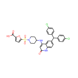 O=C(O)c1ccc(S(=O)(=O)N2CCC(Nc3cc(=O)[nH]c4ccc(C(c5ccc(Cl)cc5)c5ccc(Cl)cc5)cc34)CC2)o1 ZINC001772654408