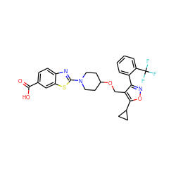 O=C(O)c1ccc2nc(N3CCC(OCc4c(-c5ccccc5C(F)(F)F)noc4C4CC4)CC3)sc2c1 ZINC000200467897