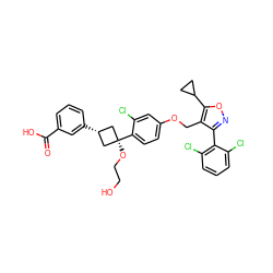 O=C(O)c1cccc([C@H]2C[C@](OCCO)(c3ccc(OCc4c(-c5c(Cl)cccc5Cl)noc4C4CC4)cc3Cl)C2)c1 ZINC000653861187