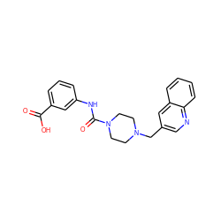 O=C(O)c1cccc(NC(=O)N2CCN(Cc3cnc4ccccc4c3)CC2)c1 ZINC000149457994