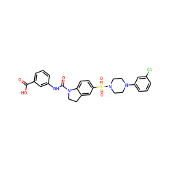 O=C(O)c1cccc(NC(=O)N2CCc3cc(S(=O)(=O)N4CCN(c5cccc(Cl)c5)CC4)ccc32)c1 ZINC000118526940