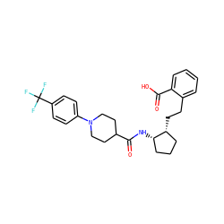 O=C(O)c1ccccc1CC[C@@H]1CCC[C@@H]1NC(=O)C1CCN(c2ccc(C(F)(F)F)cc2)CC1 ZINC001772648823